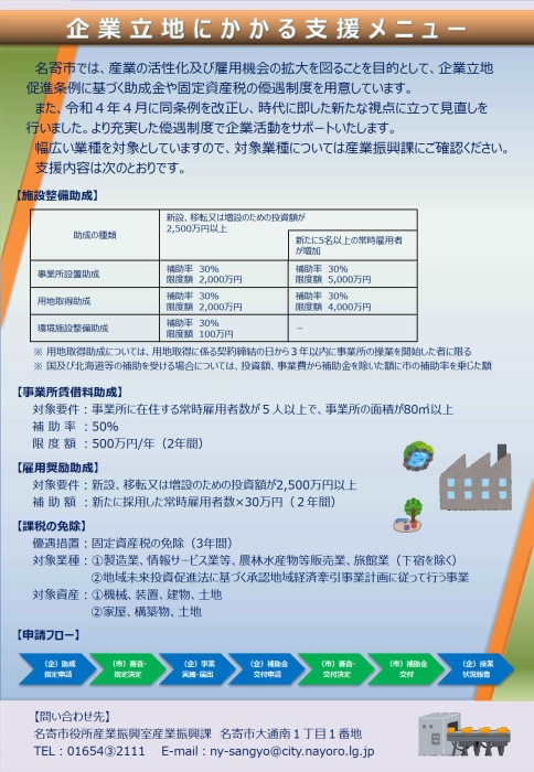 企業立地にかかる支援メニュー（チラシ）