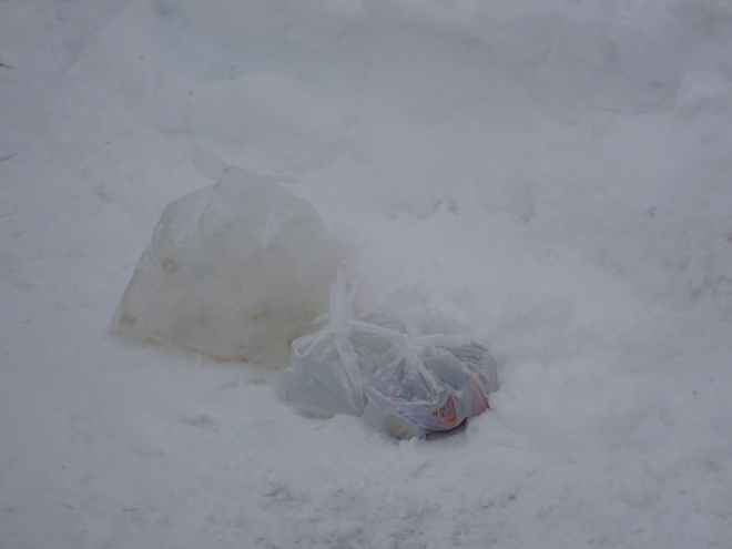 雪の中に出されたごみ